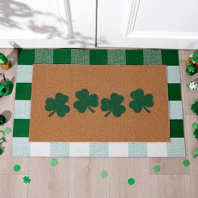 Tinideya 2 Pcs St. Patrick's Day Door Mat Shamrock Welcome Non Slip Green and White Coir Mats Floor Layering Doormats Seasonal for Front Porch Entryway Decor(Green White, St. Patrick's Day)