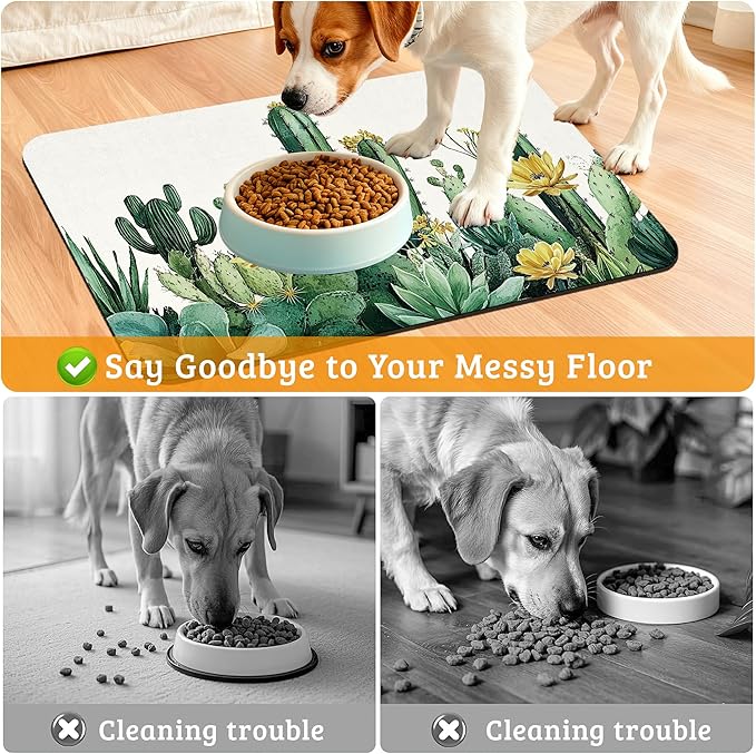 Tropical Cactuses Feeding Mat,Blooming Succulents Absorbent Quick-Dry Cat Dog Food and Water Bowl Mats,Non-Slip Rubber Backing Mat,Cat Dog Accessories Supplies 16" x 24"