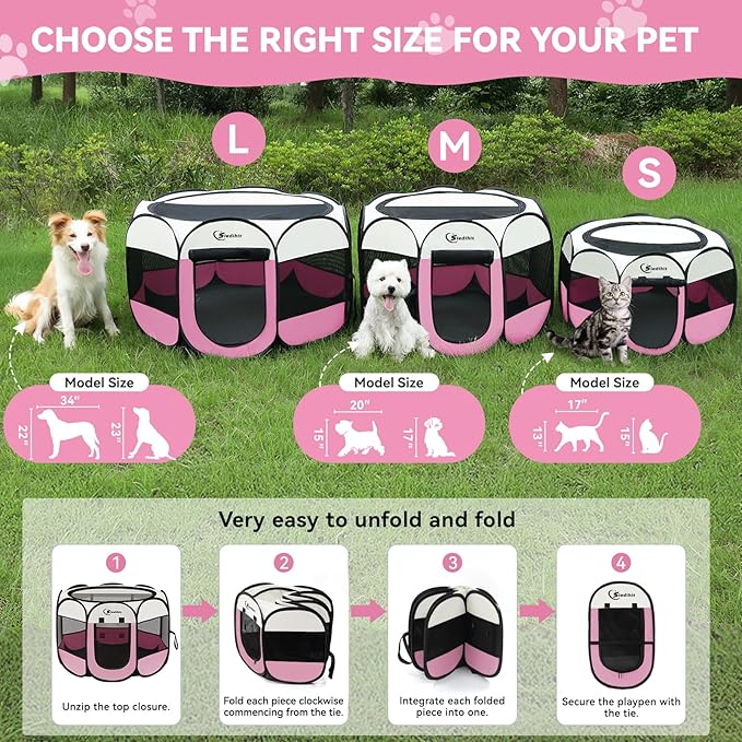 Dog Playpen, Large Puppy Pet Playpen, Dog Crate Tent Cage Indoor/Outdoor, Portable Pop Up Dogs Kennel Playpen with Carrying Case for Dogs/Cats/Rabbitss, Black