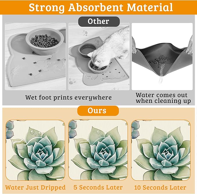 Dog Bowl Mat,Cactus Pet Feeding Mat for Floors Waterproof,Succulents Absorbent Dogs Placemat for Food and Water Quick Dry Pet Cat Feeding Mats with Non Slip Bottom 16" x 24"