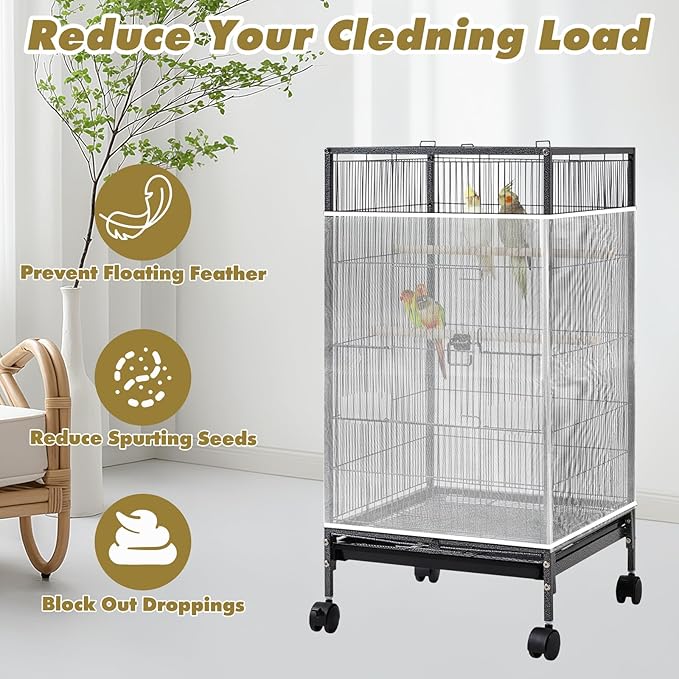 White Bird Cage Seed Catcher Adjustable Soft Birdcage Cover Reusable Nylon Mesh Birdcage Net Lightweight Skirt Seed Guard for Parrot Cage Stop Scatter Breathable Round Square Canary