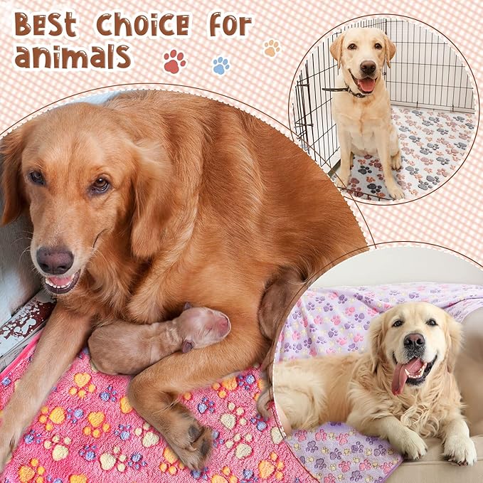 Tatuo 4 Pcs Dog Blanket for Pet Cat Blankets Indoor Puppy Teething Stuff Toys Paw Print Fleece Soft Blanket Sleep Mat for Guinea Pig Cage(White, Coffee, Pink, Purple,XXXX-Large(72 x 72 Inch),Square)