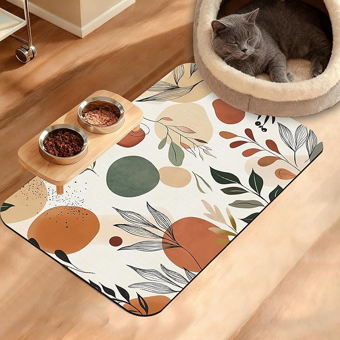 Boho Dog Cat Food Mat,Abstract Leaves Absorbent Waterproof Placemat for Food and Water Non Slip Rubber Backing Durable Feeding Pad for Clean Floors 16" x 24"