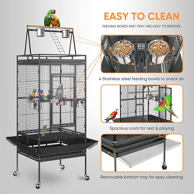 SUPER DEAL 68-inch Large Bird Cage with Rolling Stand African Grey Parrot Chinchilla Finch Cage Conure Cockatiel Cockatoo Pet House Wrought Iron Birdcage, Black