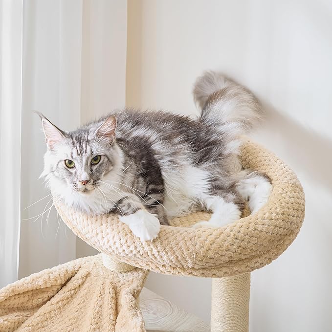 IRONCK Litter Box Enclosure with Cat Tree, 46" Hidden Litter Box with Sisal Scratching Ladder and Storage, Modular Wooden Litter Box Furniture with Condo and Platform, All-in-one Cat Tower, Greige