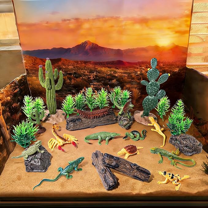 32Pcs Desert Reptiles Animals Figures Toys School Projects Diorama Kit Lizard Snake Cactus Plants Rock Playset for Kids Toddlers Cake Toppers Birthday Party Favor Decorations