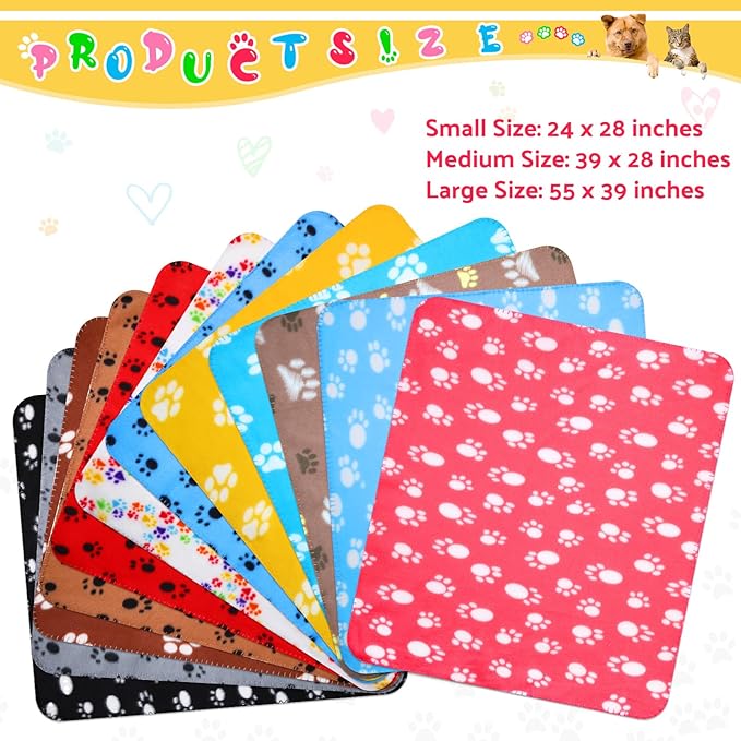 Tegeme 12 Pieces Fleece Blankets for Pets Dog Puppy Paw Print Cat Bedding Cover Blanket for Small Animals Pig Cage Liner Sleep Mat Pad Kitten Soft Warm(Cute Style,39 x 28 Inches)
