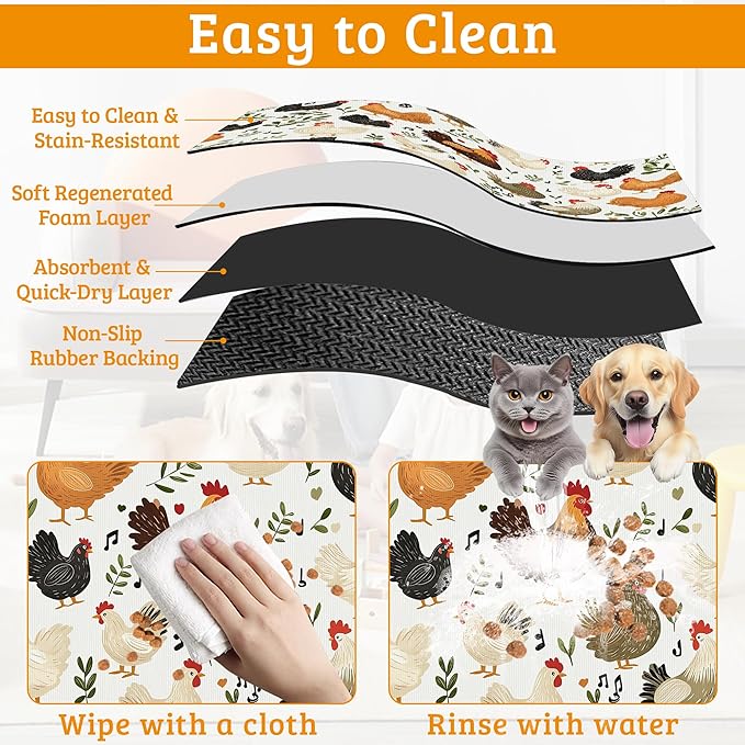 Dog Bowl Mat,Chickens Roosters Pet Feeding Mat for Floors Waterproof,Plants Leaf Absorbent Dogs Placemat for Food and Water Quick Dry Pet Cat Feeding Mats with Non Slip Bottom 16" x 24"