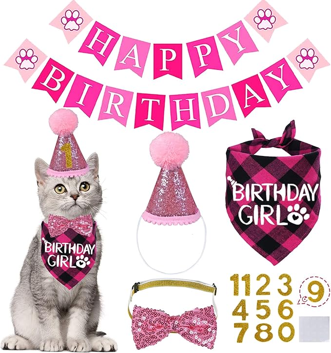 STMK Cat Birthday Decorations, Cat Birthday Hat with Numbers Bandana Bow Tie Collar Banner for Cats Kittens Outfits (Pink)