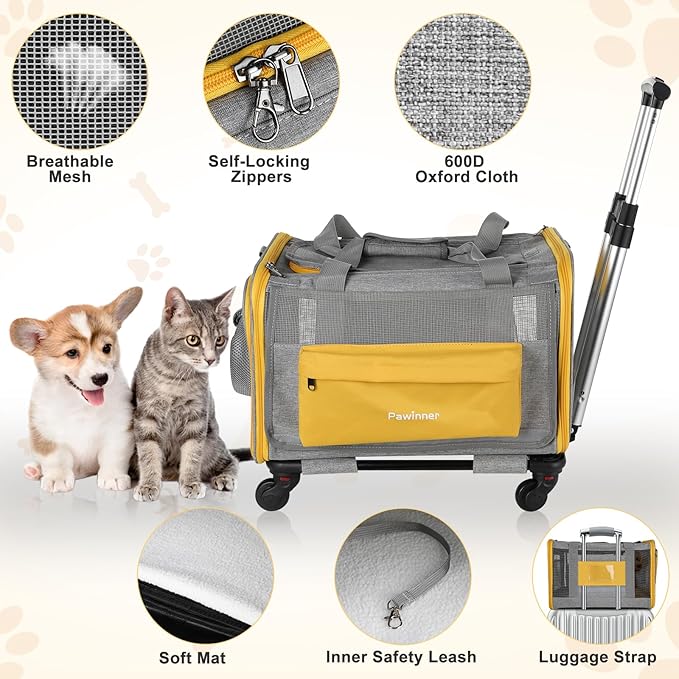 Pawinner Pet Carrier with Wheels, 17.7" x 13" x 13" Airline Approved Cat Carrier, Newly Designed Rolling Travel Bag with Telescopic Handle, for Small Dogs and All-Breed Cats