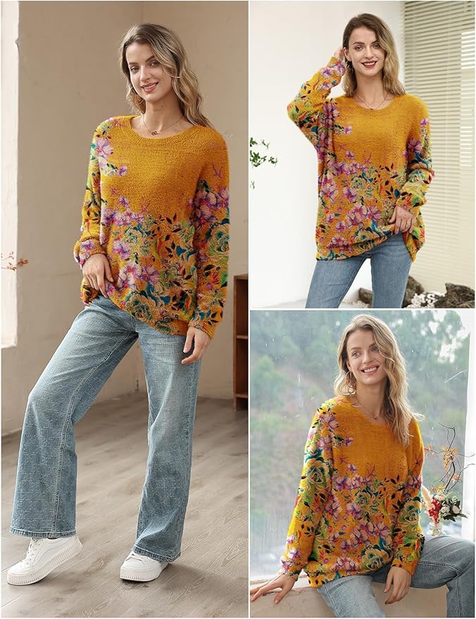 YESNO Women Christmas Sweater Graphic Printed Oversized Pullover Sweaters Casual Loose Knit Tops S01