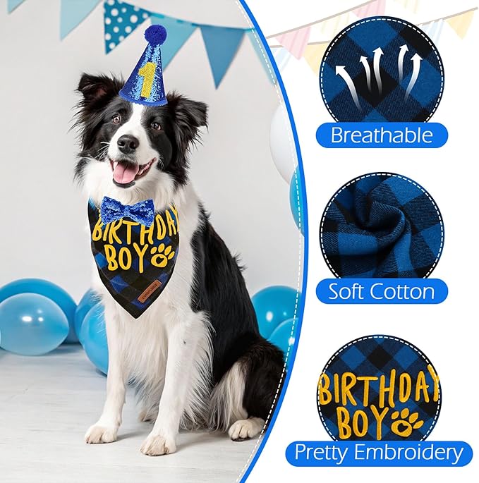 EXPAWLORER Dog Birthday Party Supplies - Dog Birthday Bandana Scarf and Party Hat with Numbers Boy Girl Pet Bow Tie, Cute Outfit for Small Medium Large Dogs (Large)