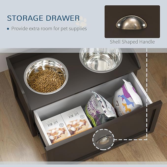 PawHut Dog Feeding Station with Storage Drawer, Dog Food Storage Cabinet with 2 Removable Elevated Pet Bowls for Large Sized Dogs, Coffee