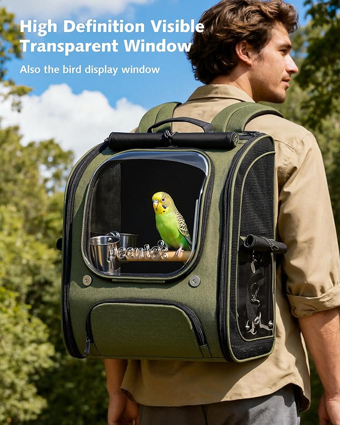 Pecute Bird Backpack Carrier for Small Birds,Cockatiel,Parrot,Bird Carrier with Standing Perch,Comfy Mat&Transparent Window, Breathable Bird Backpack for Vet Visit,Shopping and Outdoor Adventure,Green