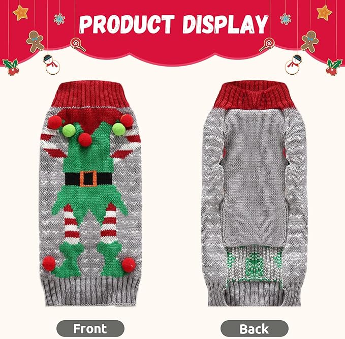 Dog Cat Ugly Christmas Sweater Boy Girl Xmas Pet Clothes Holiday Puppy Costume New Year Gifts for Small Medium Large Dogs Outfits (L, Grey Elf)