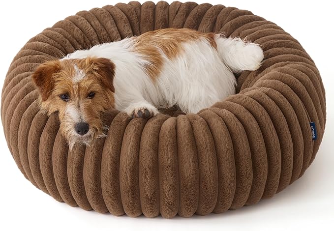 Bedsure ComfyFleece™ Donut Small Dog Bed - Dog Beds for Small Dogs with Corduroy Fleece & Anti Slip Bottom, Round Faux Fur Pet Beds with Washable Removable Cover, Camel Brown, 27x27x8 inches