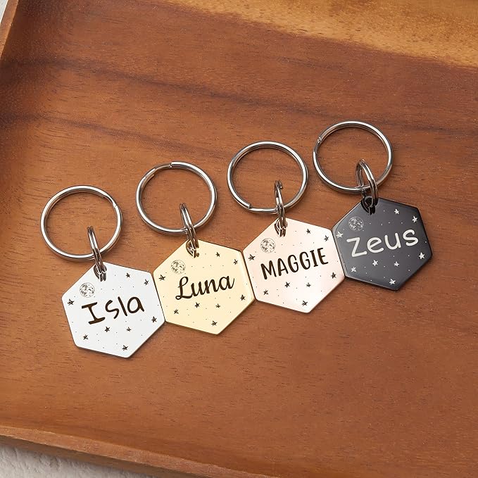 Anavia Small Size Dog Cat ID Tags, Small/XS Personalized Color Plated Stainless Steel Puppy Kitten Name Tags, Customized Engraved Nameplate Pet Collar Tag (Purple, Hexagon)