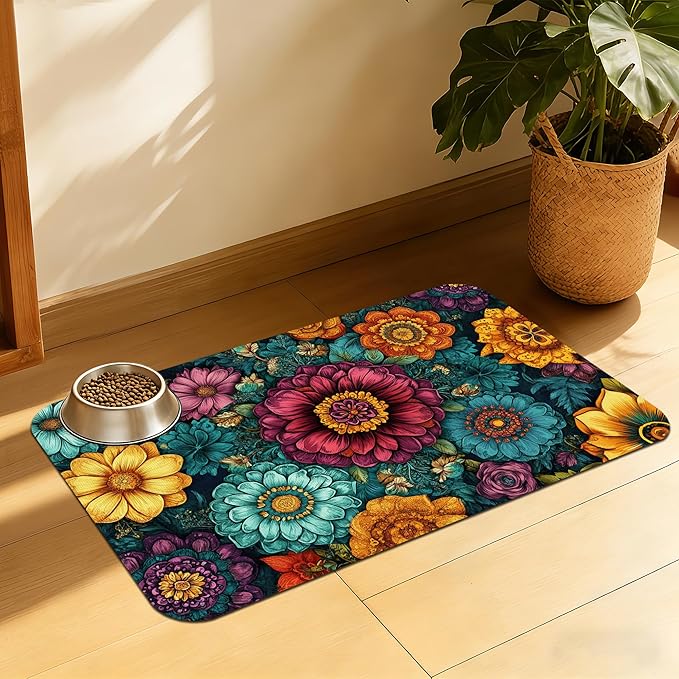 Vintage Floral Pet Feeding Mat, Fast-Dry Absorbent Dog and Cat Bowl Mat, Waterproof Rubber Base – 16x24 Inch