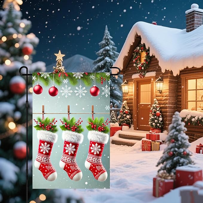 Christmas Garden Flag Three Stockings Winter Garden Flag 12x18 Inch Double Sided Outdoor Decoration for Holiday Season Yard Porch Lawn Display Festive Snowflake Banner