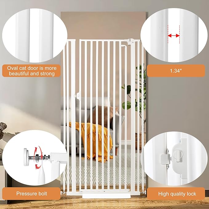 71“ Extra Tall Cat Gate for Doorway: 37.4-41.3” Wide Pet Gate, Auto Close/One Handed Open, 1.34” Extra Small Gap, No Drill Pressure Mount Tall Cat Gate for Interior Stairs/Kitchens/Hallways (White)