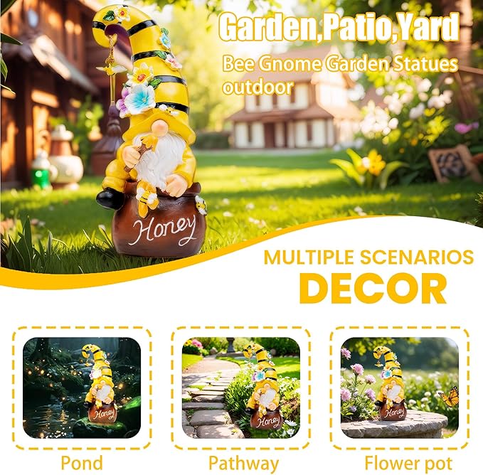 Birthday Gifts from Daughter Son - 13" Garden Solar Spring Gnomes Statues Outdoor Spring Decor with LED Lighted Bee and Flowers Funny Garden Sculpture for Patio Yard Lawn Decorations Gifts