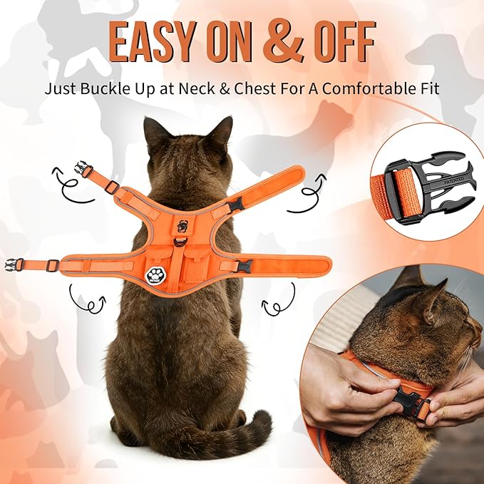 OneTigris Cat Harness and Leash - Escape Proof Soft Adjustable Kitten Harness, Breathable, Comfortable, Durable Water-Resistant Tactical Vest with Reflective Strips and Pocket for Cat Tracker