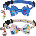 ADOGGYGO Birthday Cat Collars with Bow Bell, Breakaway White Blue Happy Birthday Bowtie Collars for Cats Kittens