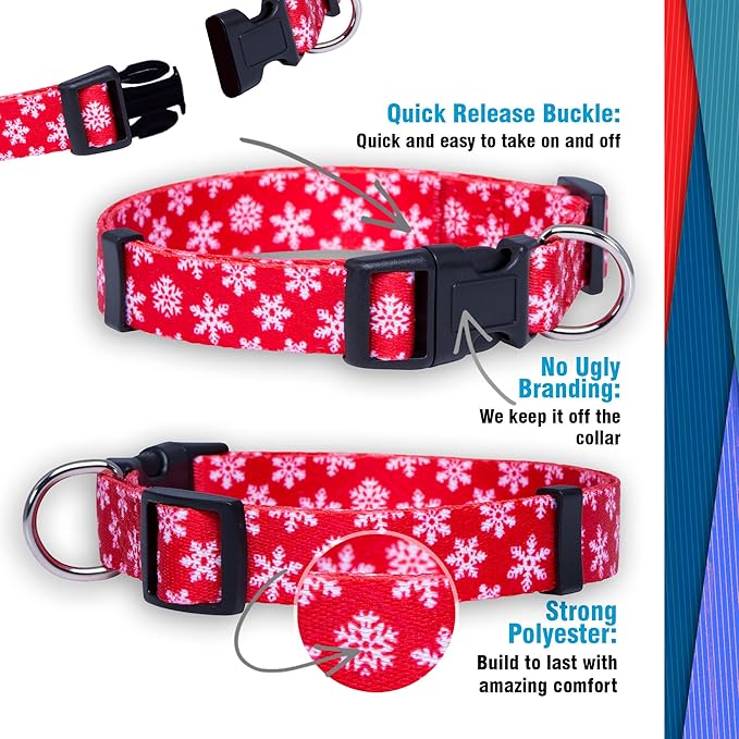 Native Pup Christmas Dog Collar- Winter Holiday Collars for Pets- Xmas Gift for Puppy- Santa, Reindeer, Snowman, Candy Cane, Red Green- Girl Boy- Small, Medium, Large Breeds (Red Snowflake, Large)