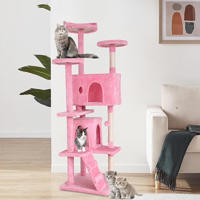 70 Inch Pink Cat Tree, Tall Cat Tower with 2 Condos, 3 Scratching Posts, Multi-Level Platforms - Sturdy Climbing Structure Tall Cat Tower for Indoor Cats