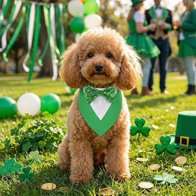 ADOGGYGO St.Patrick's Day Dog Tuxedo Bandana, Green Pet Tux Collar with Bowtie Adjustable St Patricks Costume for X-Small Dogs Pets (XS)