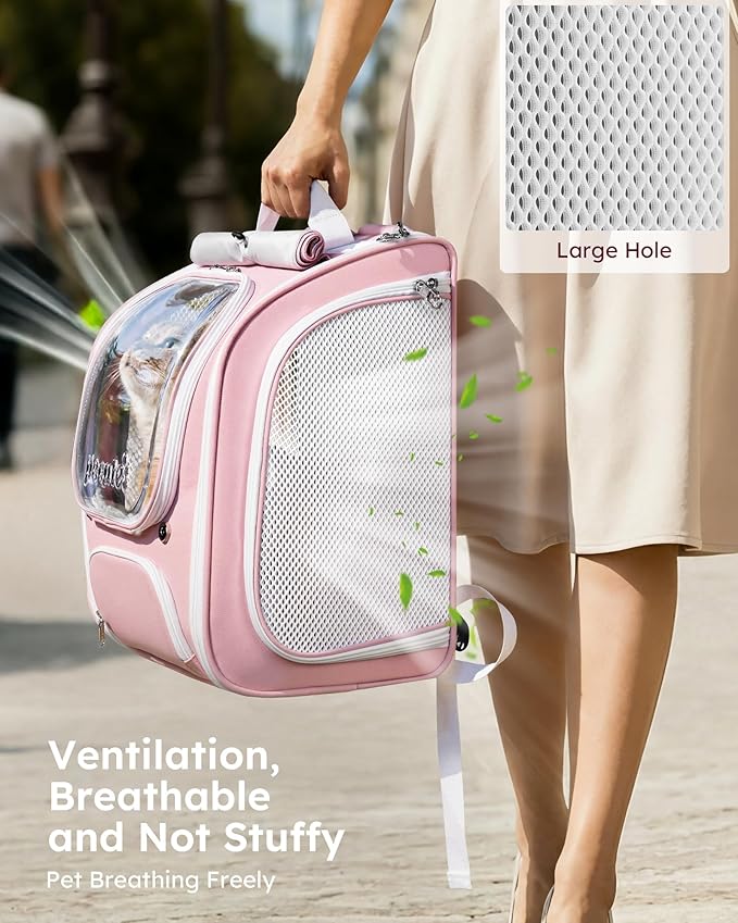 Pecute Cat Backpack Carrier, Large Space Cat Bubble Backpack, Breathable Cat Carrier, Shaded Dog Backpack Carrier, Ergonomic 3D Design for Travel, Hiking, Walk, Suitable for Shopping, Car, Vet, Pink