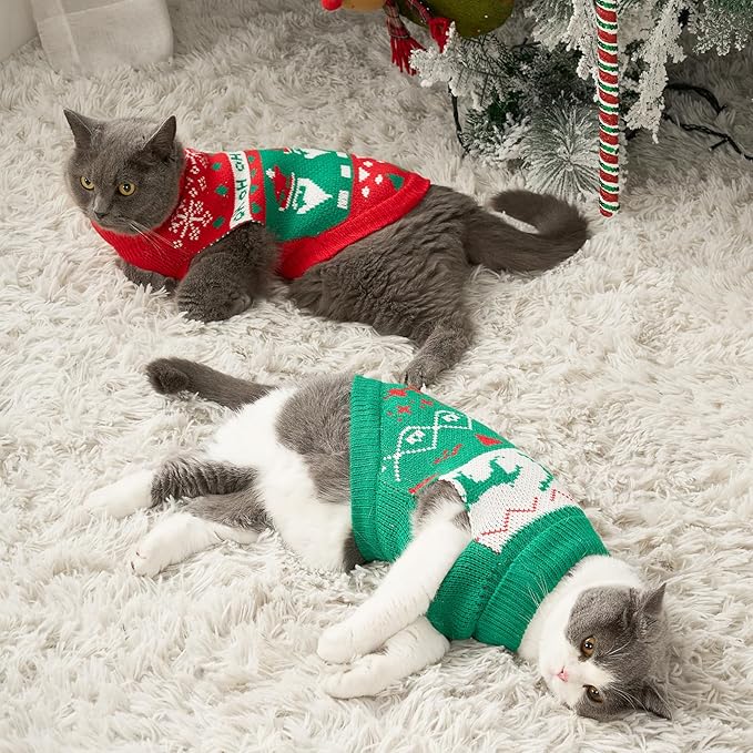 Stretchy Cat Christmas Sweater - 2 Packs Christmas Sweaters for Cats | Snug Winter-Ready Knit for Boy/Girl Cats & Kittens(Scarlet, Medium)