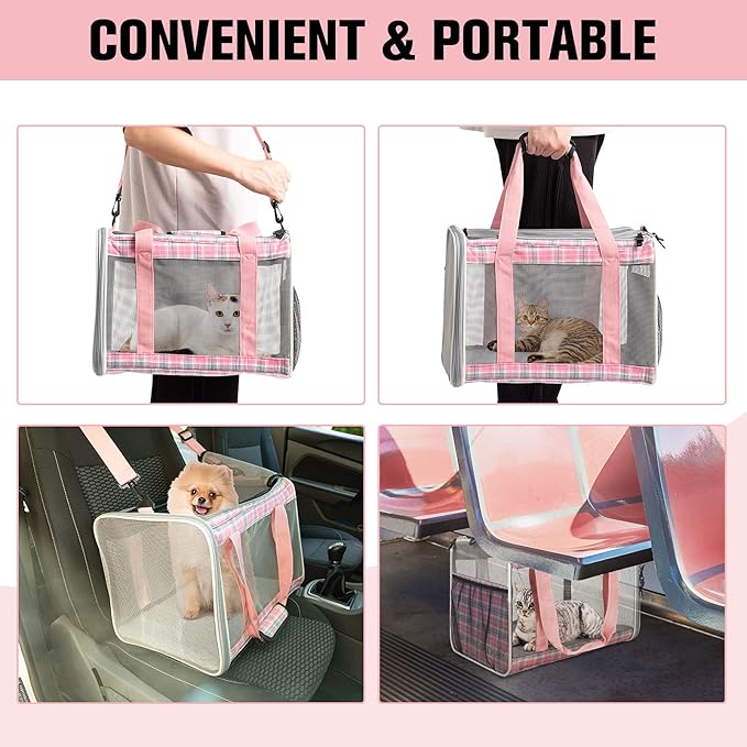 EXPAWLORER Large Cat Carrier Dog Carriers Soft for Small Medium Cats Puppies Up to 20lbs, Airline Approved Pet Carrier Soft-Sided Collapsible Pet Travel Carrier Fit 2 Kitties (Pink)