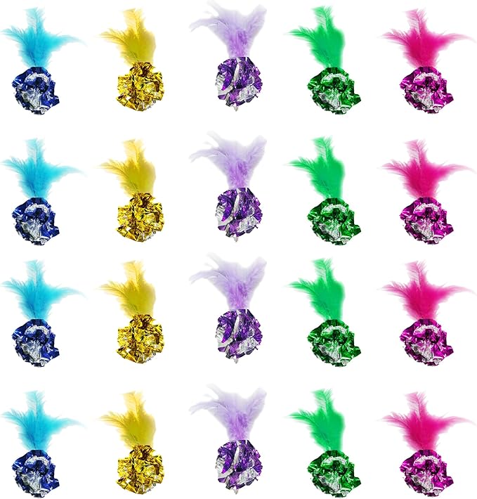SunGrow Mylar Crinkle Balls with Feathers, 2.5-Inches, Shiny Stress Buster Crinkler, Suitable for Multiple Cats' Engagement, Ideal for Kittens and Grown-ups, 20-Pcs