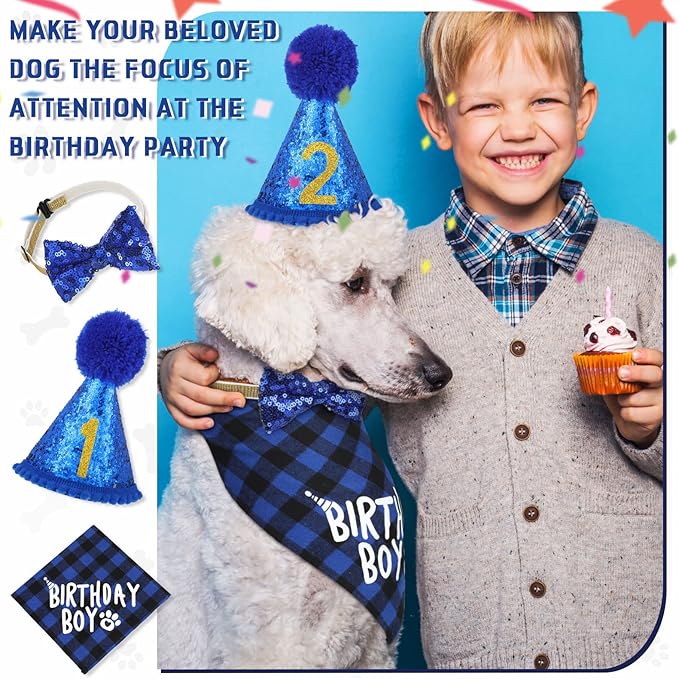 Weewooday Dog Birthday Party Supplies Birthday Boy Girl Cake Bandana Triangle Scarf Party Hat Dog Bow Tie Collar with Numbers for Large Medium Small Dog Puppy 1st Birthday(Elegant Style,Medium)