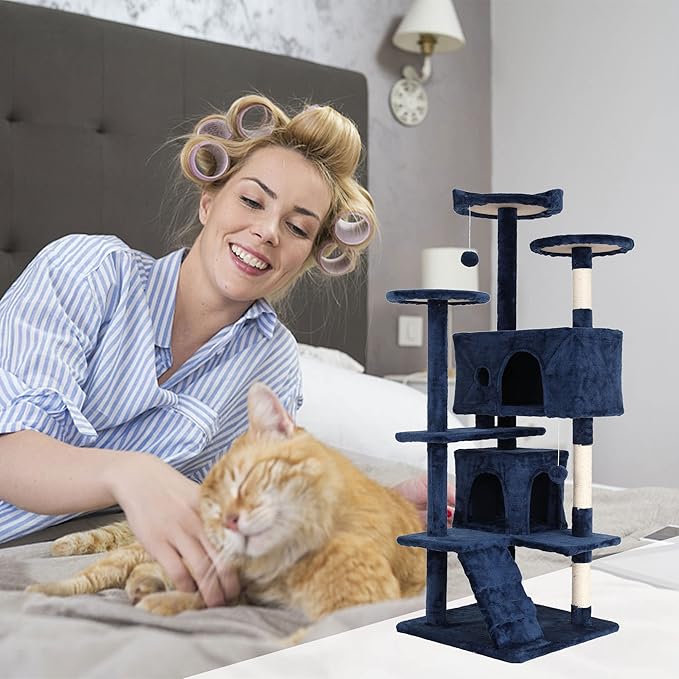 Heavy Duty Cat Tree Tower, 54" Tall Cat Tower for Indoor Cats with Cat Scratching Post with Bed, Cat Condo, Hanging Ball, Multi-Level Cat Climbing Tower Cat Trees Furniture Activity Center, Navy Blue
