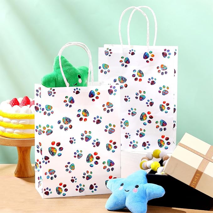 Blulu 20 Pcs Puppy Dog Paw Gift Bags with Paper Twist Handles, Dog Gift Paper Paw Treat Goodie Bags for PET Treat Party Favor, 6.3 x 3.1 x 8.6 Inch(Dazzling Paws)