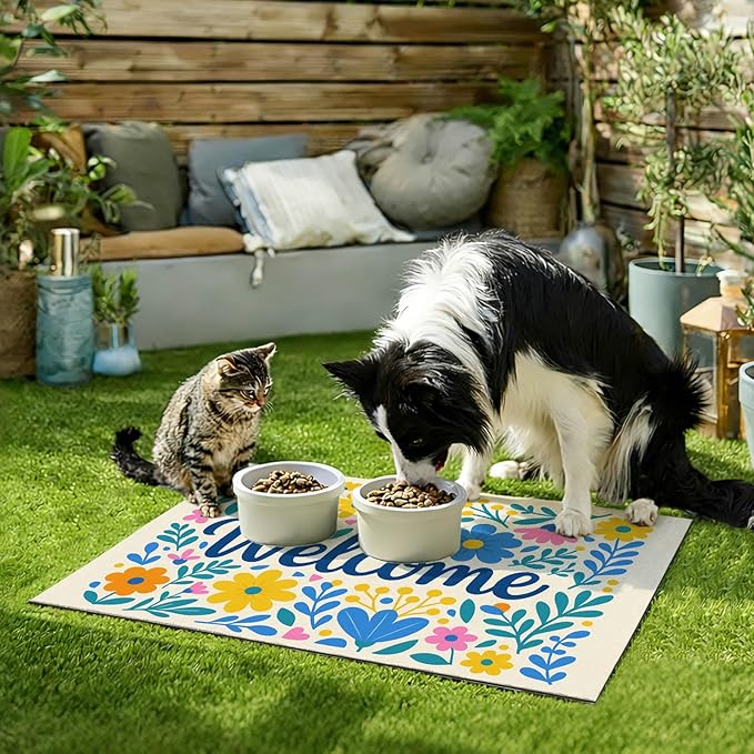Spring Pet Feeding Mat 24" x 16" Colorful Welcome Floral Design Non Slip Dog and Cat Bowl Mat Easy Clean Pet Food Mats Fast Dry Cat Feeding Mats for Indoor Cats Absorbable Pet Food Pad
