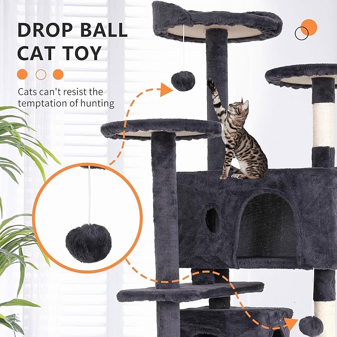Cat Tree for Indoor Cats, Multi-Level Cat Tower with Scratching Posts & Cozy Condo, Space Saving Cat Activity Center, Durable Pet Play House (54in,Ashy)