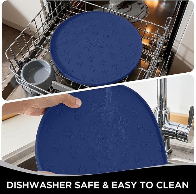 Comtim Waterproof Dog Food Mat - 2 Pack Silicone Pet Food Mat Dog Food Bowl Mats Cat Water Mats Eating Tray, Non-Slip Pet Placemat with Lip for Messy Drinkers to Protect Floor,Navy Blue 11"×11"