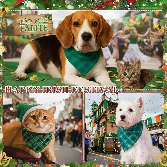 Abbylike 50 Pcs St. Patrick's Day Dog Bandanas Bulk Green Plaid Bandanas for Dogs Triangle Kerchief Bib Scarf for Pet Irish Holiday Costume Photo Props Accessories (25.6 x 17.7 x 17.7)