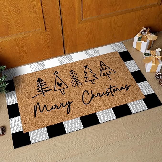 Tinideya 2 Pcs Door Mat Welcome Non Slip Coir Mats Floor Layering Doormats Seasonal for Front Porch Entryway Decor(Christmas)