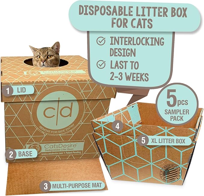 Disposable Litter Boxes for Cats Sampler Both Our Patented Products Woman Owned Small Bus. Made in USA Tray 8.5in. Tall Top Entry Litter Box 15in. Tall. 2021 A.I.C.C. Innovation Award