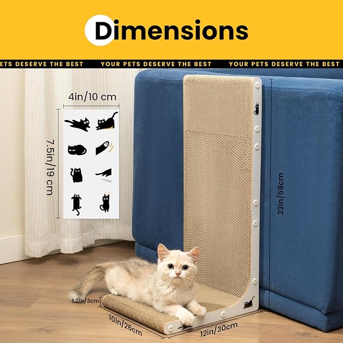 Cat Scratcher Lounge, 23 Inch L-Shaped Cat Scratch Pad, Vertical & Horizontal Scratching 1.2" Thick Cardboard with Fun DIY Stickers, Durable, Eco-Friendly