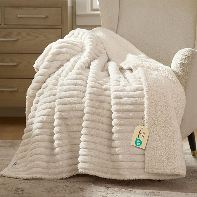 Bedsure ComfyFleece™ Waterproof Dog Blankets for Large Dogs - Soft Pet Cat Blanket Corduroy Fleece for Couch Bed Protector Washable, Cozy Calming Reversible Furniture Protection,50"x60", Cream