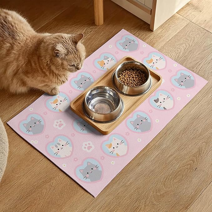 Cat Feeding Mat 24x16 inch Pink Heart Kitten Print Pet Bowl Placemat Non Slip Floor Mat for Food and Water Indoor Kitty Feeding Station Cute Meal Pad for Small Pets Kitchen Use