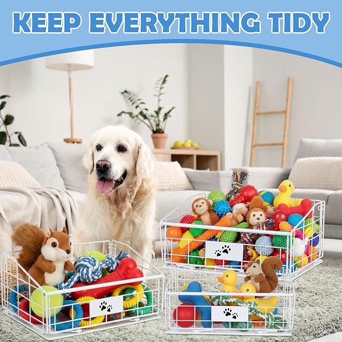 Mimorou 3 Pack Metal Dog Toy Baskets Multi-sized Foldable Dog Toy Bins Box Storage Container Organizer for Living Room Area Decorative Pet Accessories Coat Clothing Storage Holder Baskets(White)