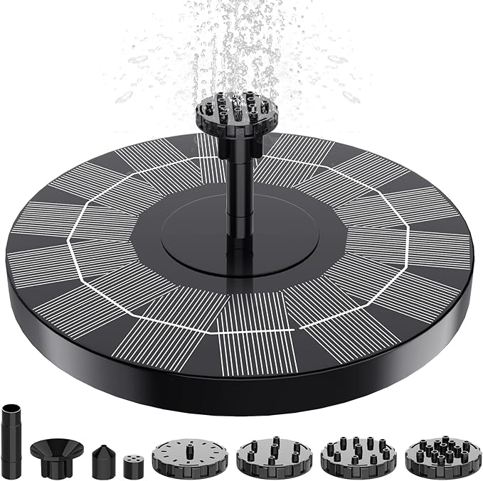 2.5W Solar Bird Bath Fountain Pump, Solar Fountains, Solar Powered Water Fountain with 6 Nozzles and Fixer for Bird Bath, Outdoors, Fish Tank, Pond, Pool and Garden