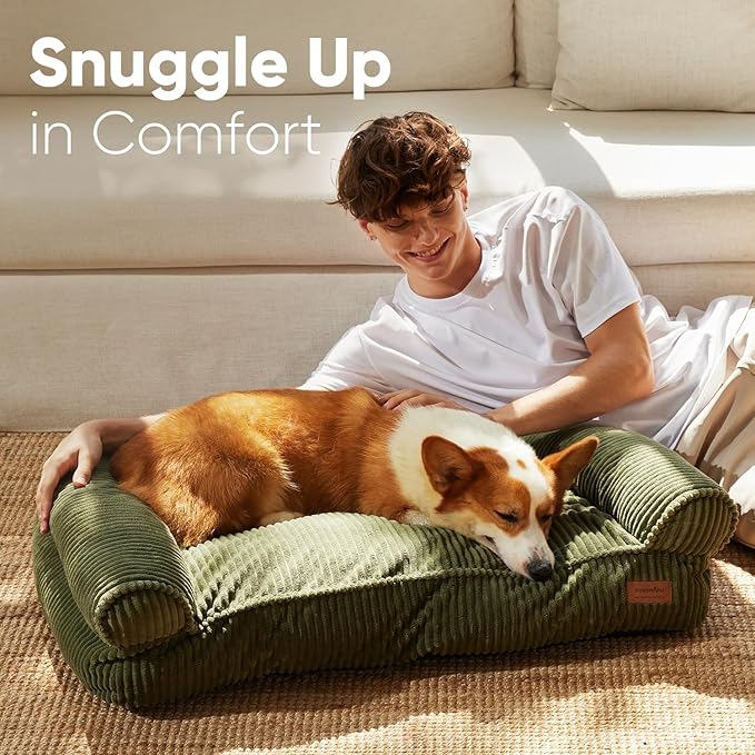 FUKUMARU Dog Couch Bed, Corduroy Cozy Cat Bed for Indoor Cats with Washable Cover, 28in Waterproof Orthopedic Dog Beds Sofa for Small Dogs and Large Cats, Cute Warm Cotton Pet Sofa, Green