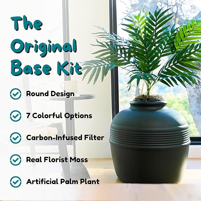 Good Pet Stuff Hidden Litter Box Planter, Decorative Cat Litter Enclosure with Carbon Filter, Artificial Plant, Easy Clean, Indoor Design, Original Round Style, Base Kit, Black Suede
